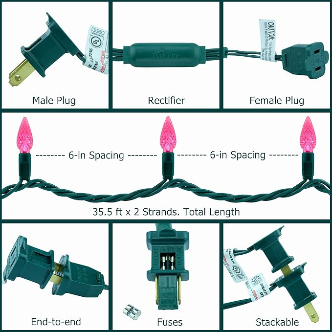 YULETIME Pink One-Piece C6 Strawberry Christmas Lights 140 Count 71 Feet, 2 Sets 70 LED 35.5 ft High Waterproof UL Certified String Light (Pink)