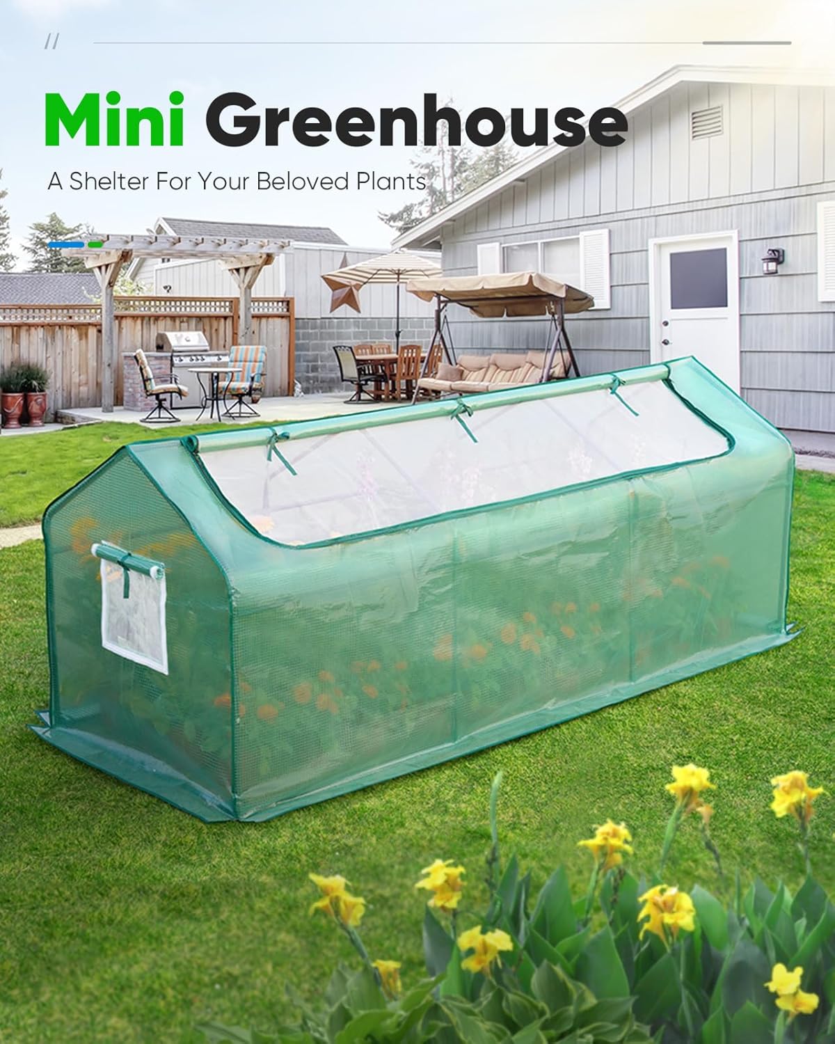 Quictent Portable Mini Cloche Greenhouse w/ Elevated Bottom, Large U-Shaped Zipper Mesh Door & 2 Side Screen Window Waterproof UV-Resistant Hot House for Indoor Outdoor, 95" x 36" x 36" (Green)