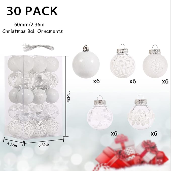 60mm/2.36inch Clear Christmas Ornaments, 30ct Shatterproof White Christmas Tree Ornaments Set Transparent Hanging Balls with Stuffed Decorations for Halloween Thanksgiving Xmas Wedding Party Home