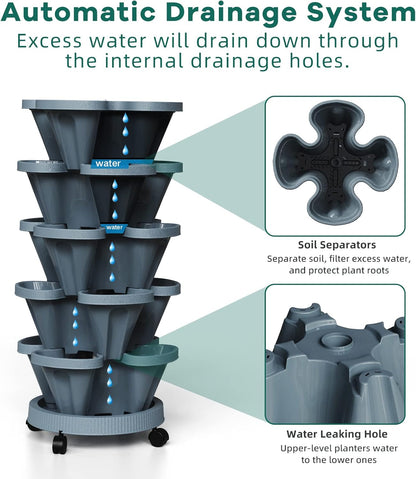 7 Tiered Strawberry Vertical Planter 2 Pack, Stackable Tower Garden Planter Herb Garden Planter with Movable Casters and Bottom Saucer Indoor and Outdoor - Dark Grey