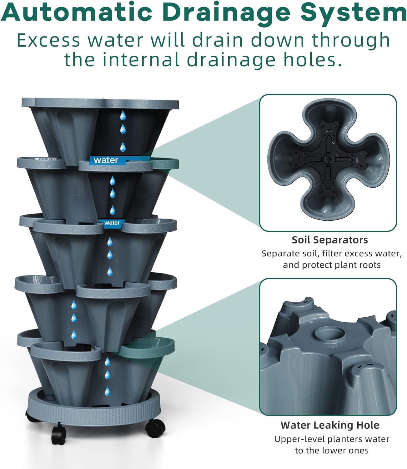Strawberry Vertical Planter Tower Garden, 7 Tiered Stackable Planter Herb Garden Planter with Movable Casters and Bottom Saucer Indoor and Outdoor - Dark Grey