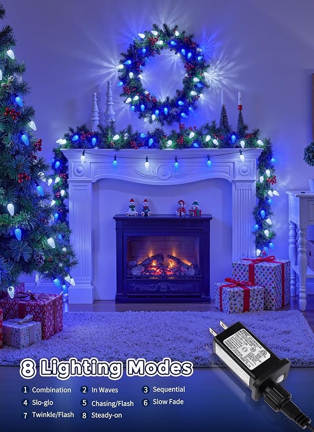 C9 LED Christmas Lights Outdoor, 81 Feet 100 LED String Lights with Timer & 8 Light Mode, Waterproof Connectable Christmas Tree Lights for Outside Indoor Roofline Patio, Blue & Pure White 2 Pack