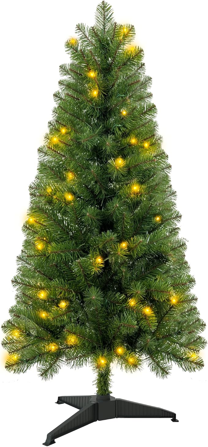 4ft Prelit Christmas Tree with 75 Warm White LEDs – 225 Tips, Hinged Branches, Plastic Stand – Small 4 Foot Christmas Tree for Bedroom, Office, Apartment Holiday Decor