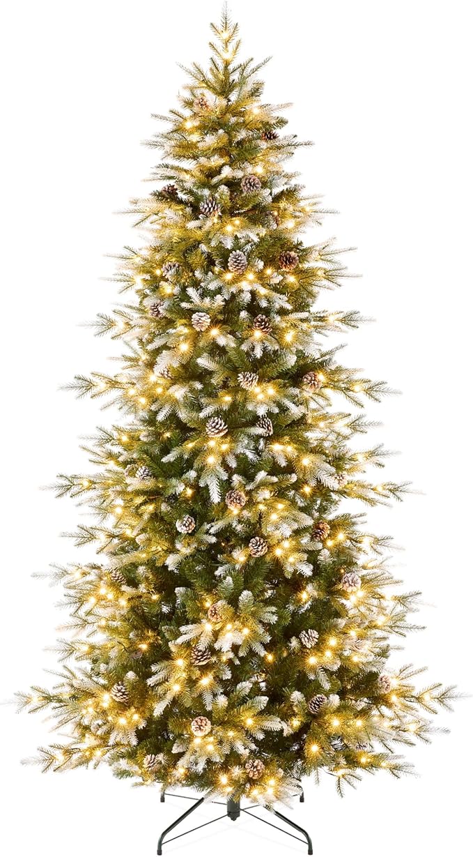 Best Choice Products 12ft Pre-Lit Artificial Frosted Slim Aspen Christmas Tree, Partially Flocked Holiday Décor w/ 2-in-1 White & Multicolor LED Lights