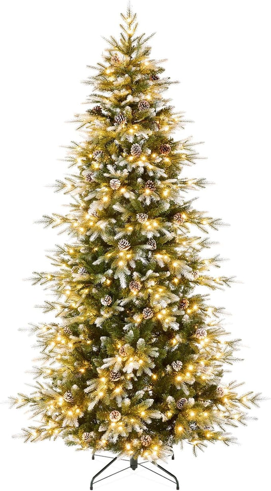Best Choice Products 12ft Pre-Lit Artificial Frosted Slim Aspen Christmas Tree, Partially Flocked Holiday Décor w/ 2-in-1 White & Multicolor LED Lights
