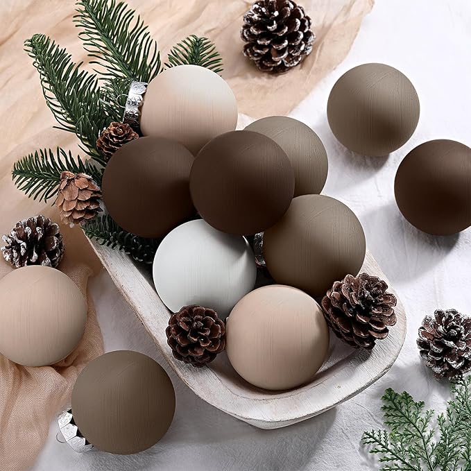 12 Pcs Neutral Matte Christmas Ball Ornaments 2.4 Inch Rustic Boho Cream Beige Tan Brown Xmas Bulbs Ornament Vintage Xmas Baubles Modern Christmas Decor for Tree Farmhouse Decor