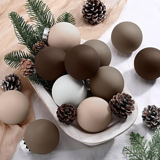 12 Pcs Neutral Matte Christmas Ball Ornaments 2.4 Inch Rustic Boho Cream Beige Tan Brown Xmas Bulbs Ornament Vintage Xmas Baubles Modern Christmas Decor for Tree Farmhouse Decor