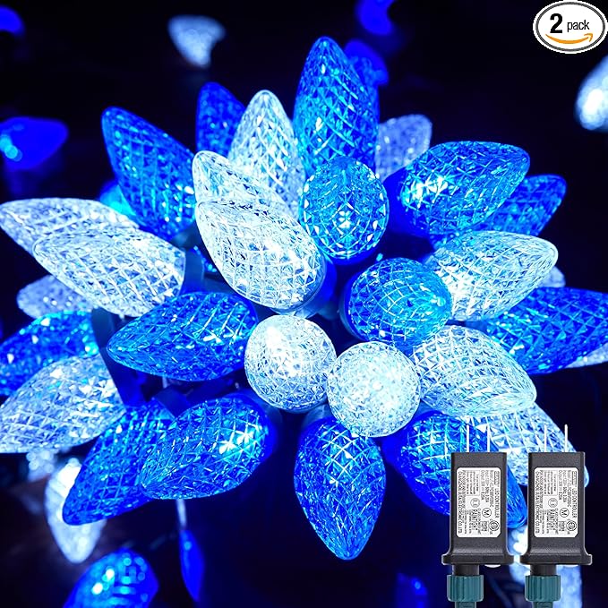 C9 LED Christmas Lights Outdoor, 81 Feet 100 LED String Lights with Timer & 8 Light Mode, Waterproof Connectable Christmas Tree Lights for Outside Indoor Roofline Patio, Blue & Pure White 2 Pack
