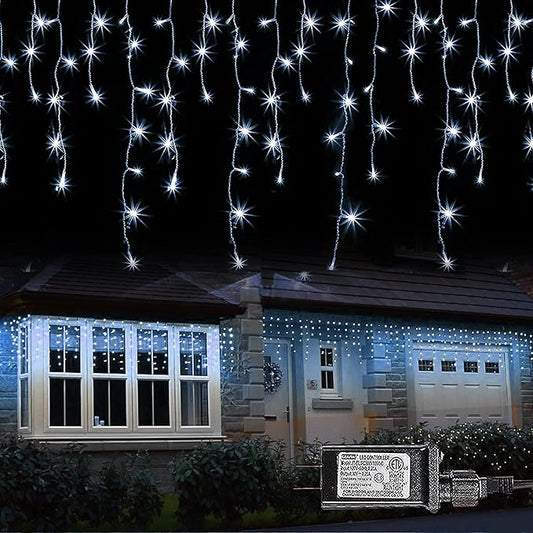Dazzle Bright 360 LED Christmas Icicle Lights, 29.5 FT 8 Modes Curtain Fairy Lights with 60 Drops, Connectable Xmas String Lights for Outside Holiday Wedding Party Decorations (White)