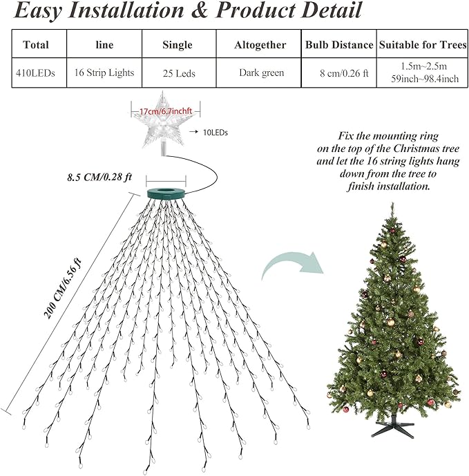Christmas Tree Lights String, 410LED Christmas Lights for Tree with 8 Light Modes & Memory Function, 6.6FT x 16 String Lights with Timing & Remote Control for Christmas Decoration - Multicolor