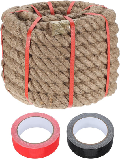 MECCANIXITY Jute Rope 1.3 Inch x 44ft, Thick Twine Rope Ropes Braided Jute Twine Natural Brown Burlap Cord String Heavy Twisted with Tapes for Decorative Crafts Railing Swing Tug of War