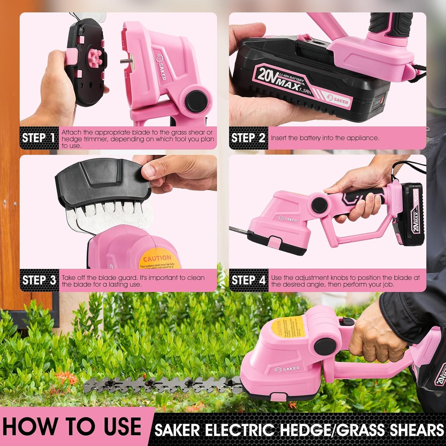 Saker Cordless Hedge Trimmer-20V Electric Shrub Trimmer Grass Shears Handheld Grass Cutter, Hedge Shear with 1 PCS Rechargeable Battery and Charger for Garden, Lawn(Pink)