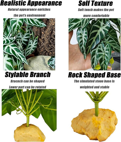 Woyrise Reptile Plants for Terrarium Decor, Ball Python Tank Accessories fit Bearded Dragon Crested Leopard Gecko Lizard Chameleon Snake Frog Tortoise Hermit Crab - Fake Alocasia Black Velvet