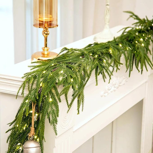 Faux Norfolk Pine Christmas Garland – Real Touch Greenery Artificial Cedar Christmas Garland for Fireplace Mantel, Staircase, Door Frame, Holiday Indoor Winter Décor (Prelit-9FT)