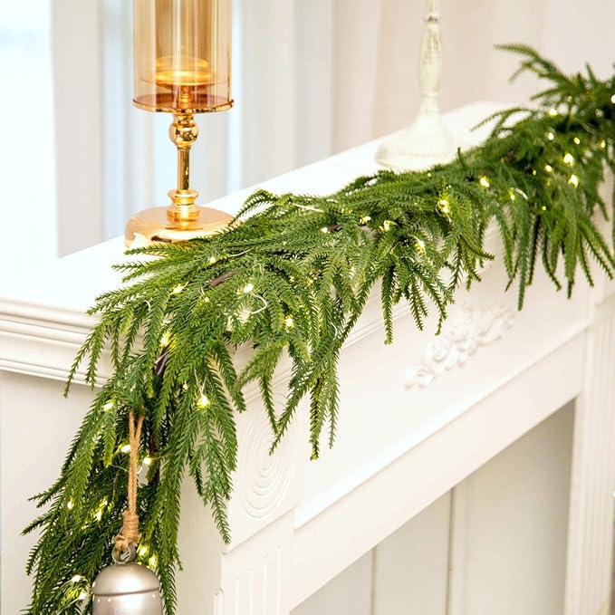 Faux Norfolk Pine Christmas Garland – Real Touch Greenery Artificial Cedar Christmas Garland for Fireplace Mantel, Staircase, Door Frame, Holiday Indoor Winter Décor (Prelit-6FT)