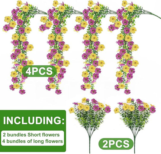 Artificial Flowers for Outdoors 6PCS，All Weather Fade Proof, UV Resistant Waterproof Realistic Faux Silk Mums Daisies Purple & Yellow for Hanging Planters Porch Patio Balcony Deck Fence Garden Decor