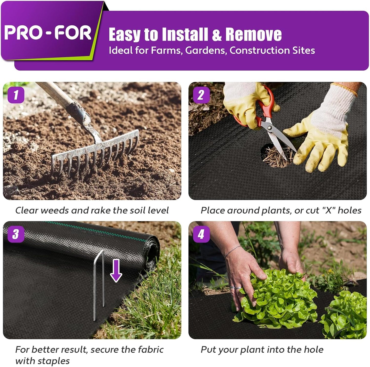 Heavy Duty Weed Barrier Fabric 4ft x 50ft, Landscape Ground Cover for Gardens & Driveways, Premium Weed Control with 10 U Shaped Staples