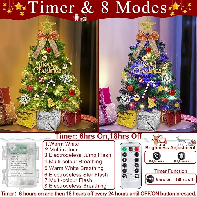 Dual Color Change&Remote Control 24 Inch/2FT Tabletop Christmas Tree with Lights Timer, 20 Warm White&Colored Lights 8 Modes 27 Orantments Star Boxes Mini Small Christmas Tree Xmas Home Party Decor