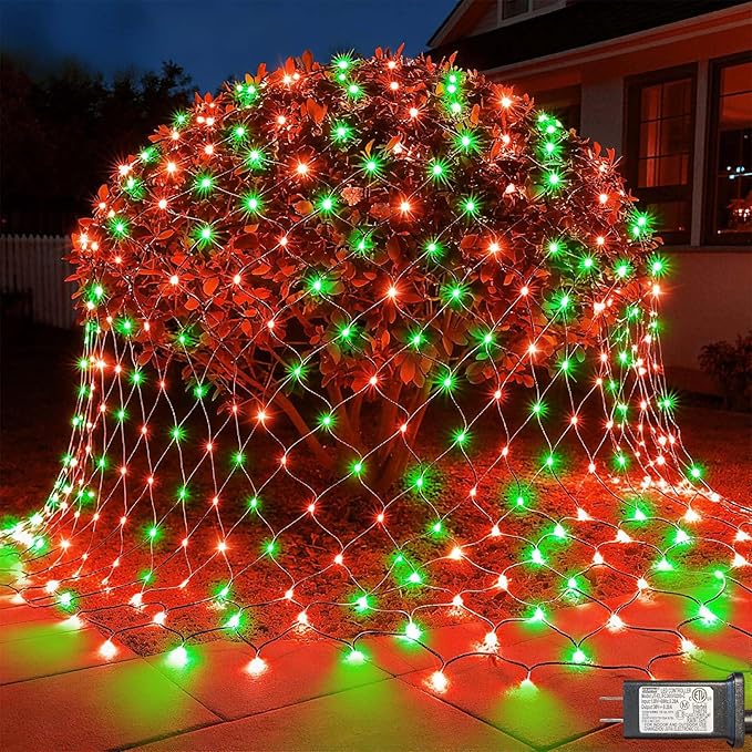 LitHome 14.8FT x 5FT Christmas Net Lights Outdoor, 300 LED Red Green Bush Lights with 8 Modes, Connectable Waterproof Net Mesh Light Dark Green Wire for Bushes Shrubs Outdoor Christmas Holiday Decor