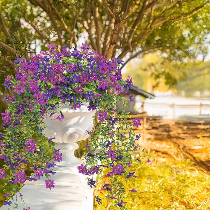 Purple Fake Mums Artificial Hanging Flowers Plants Fall Flowers for Outdoors Decor 2 PCS Faux Silk Daisy with Leaves Artificial Outdoor Flower for Planter Balcony Porch Patio Yard Decoration