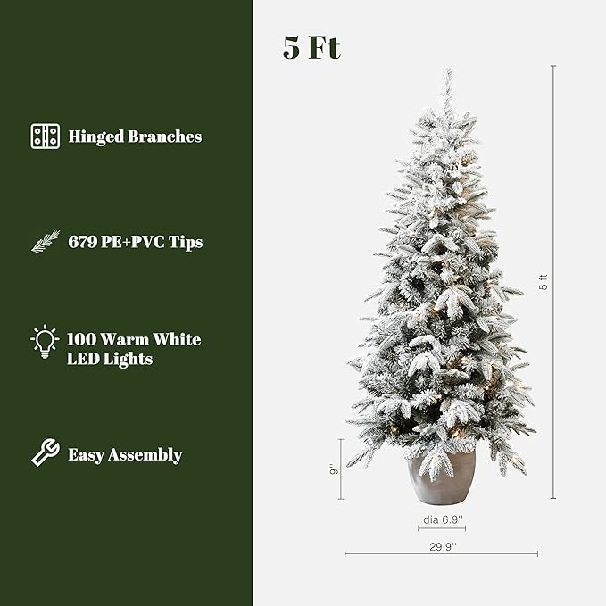 LuxenHome 5FT Small Potted Christmas Tree, Prelit Flocked Christmas Tree with Pot, Artificial Xmas Trees with 100 LED Lights, Lighted Pine Trees for Indoor, Outdoor Holiday Display