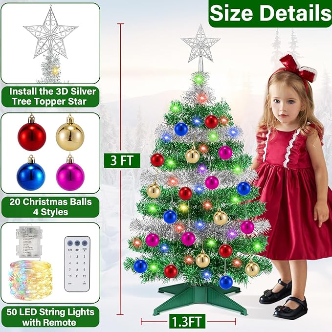 [ 12 Modes & Timer ] 3 Ft Green & Silver Small Christmas Tree with 50 LED Lights, 20 DIY Ornaments, Battery Operated Prelit Christmas Tree Indoor Home Fireplace Holiday Xmas Christmas Decorations