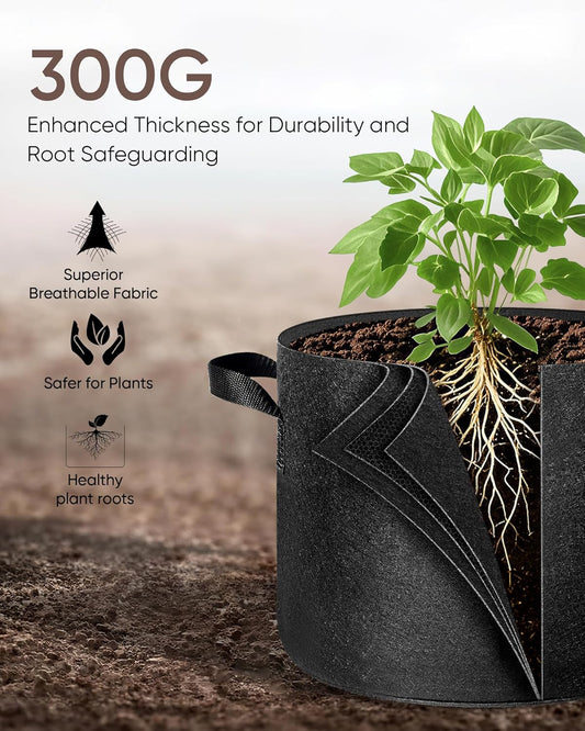 The Growing 5 Pack 1 Gallon Fabric Grow Bags，Thickened Aeration Nonwoven Fabric Plant Pots with Durable Handles,Heavy Duty 300G Planter Pot for Tomato, Fruits, Vegetables and Flowers, Black
