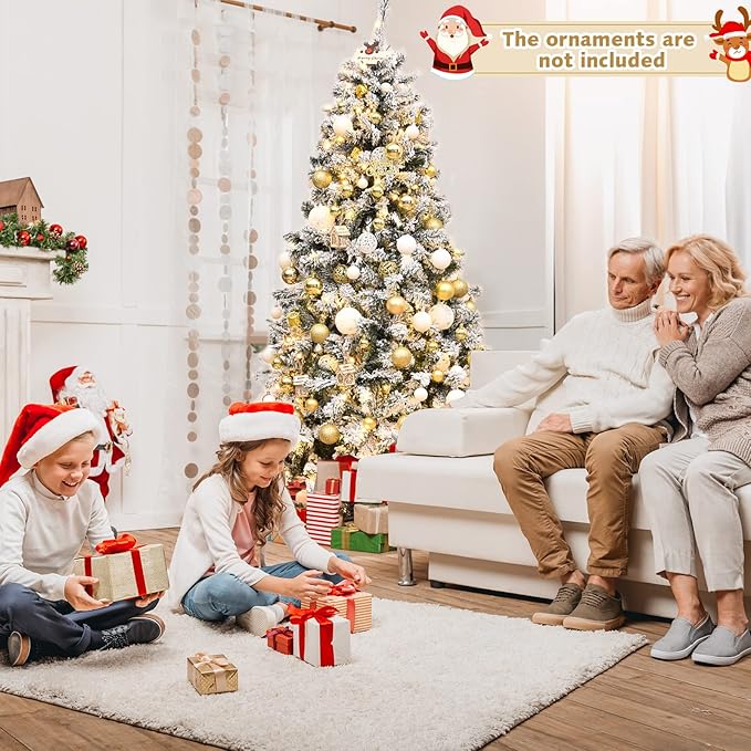 COSTWAY 6 FT Pre-Lit Christmas Tree, Snow Flocked Hinged Xmas Tree with 600 Branches Tips & 250 LED Lights, Metal Stand, Artificial Pine Lighted Holiday Tree for Home Office Decorations