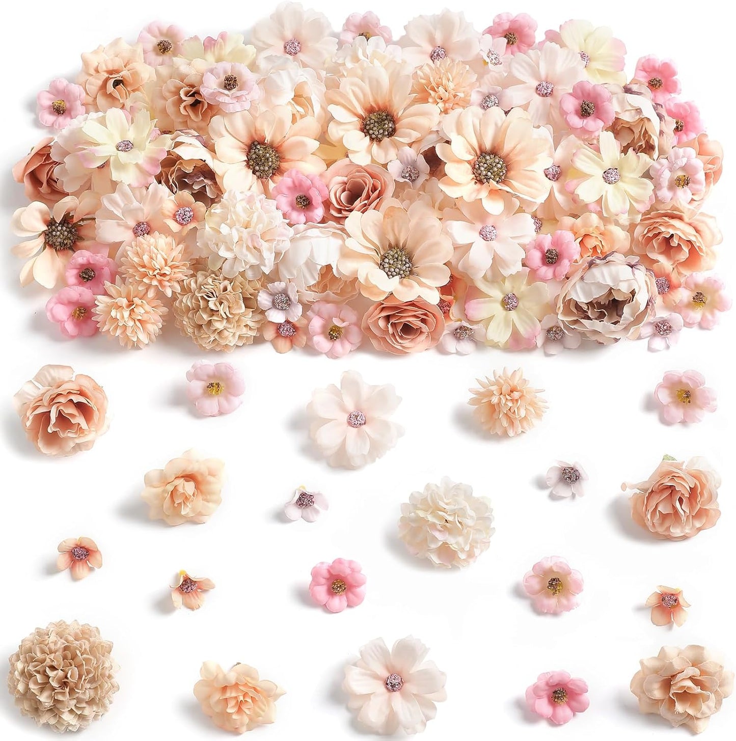 Faux Flower Heads Mini Champagne Artificial Flower Heads Fake Peony Daisy Rose Flowers Multicolor Small Silk Daisy Flower Heads for Craft Garland Wedding Party DIY Home Decoration,2-4 cm