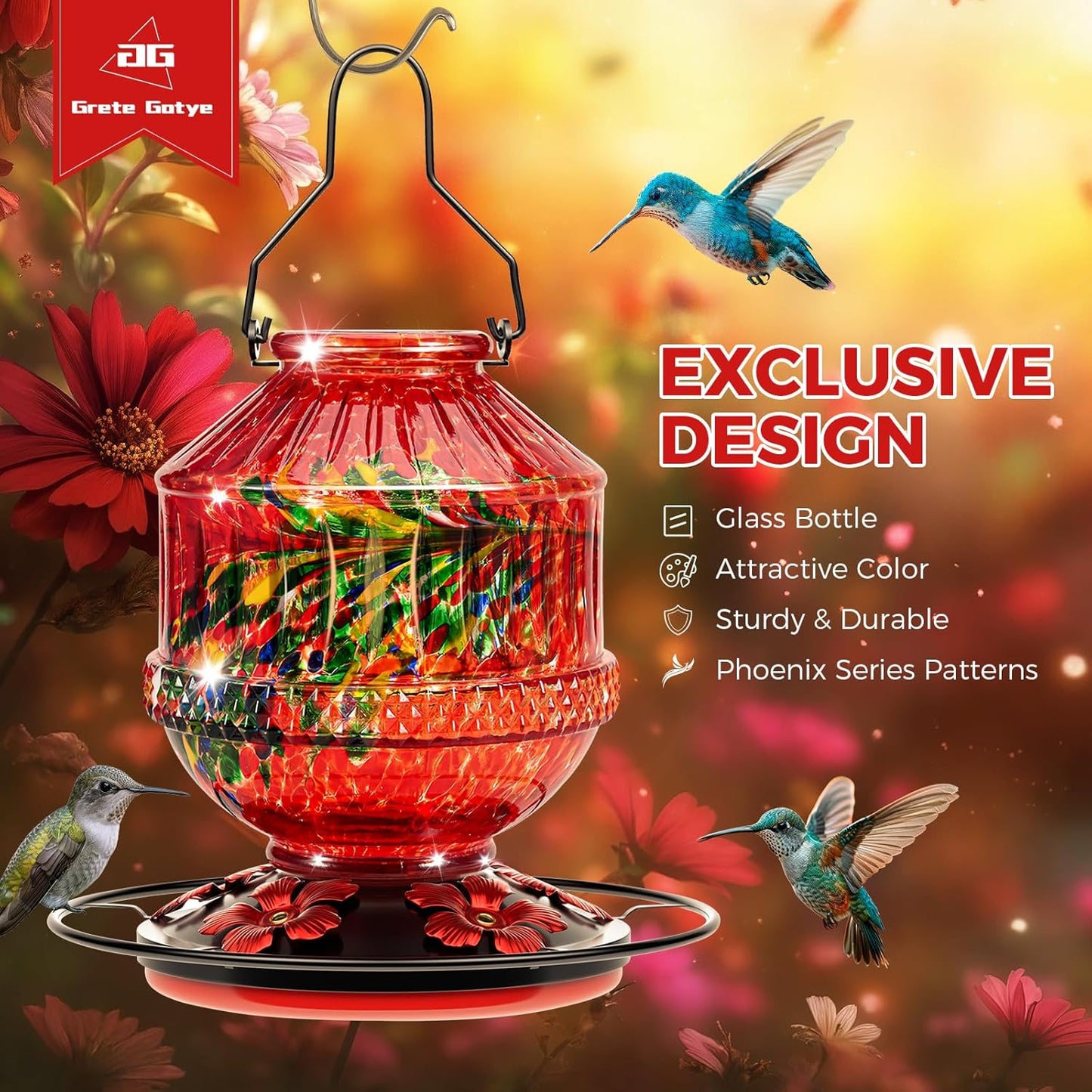 Blown Glass Hummingbird Feeders for Outdoors, 25 Ounces Wild Bird Nectar Feeder with Perch & 5 Flower Feeding Ports Leak Proof Hanging for Garden Backyard Decor, Gifts for Women Mom, Red