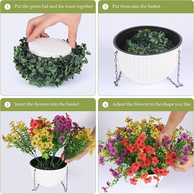 2 Sets of Artificial Hanging Plants Flowers Basket for Outdoor, 2 Sets Dry and Wet Separation Hanging Baskets, Suitable for Spring Summer Porches, Terraces, Courtyard Home Decoration
