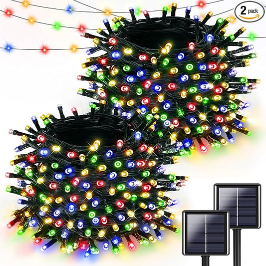 2 Pack Multicolored Solar Christmas Lights Outdoor Waterproof, 400 LED 144FT Super Long Solar String Lights, Green Wire 8 Lighting Modes, Christmas Tree Light for Xmas Fence Bushes Patio Decorations