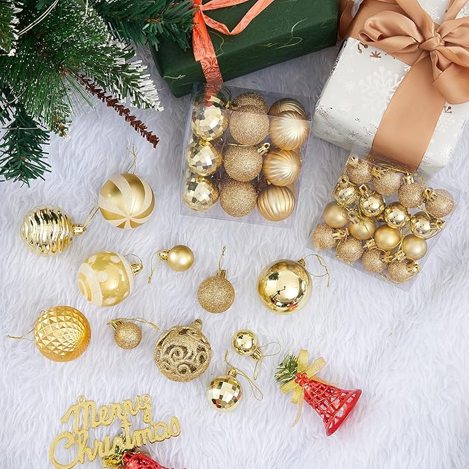 100PCS Christmas Ball Ornaments, Assorted Shatterproof Christmas Tree Decorations, Seasonal Decorative Hanging Baubles Decor Set for Xmas/Holiday/Party, Glitter&Painting Ornament Set (Gold)