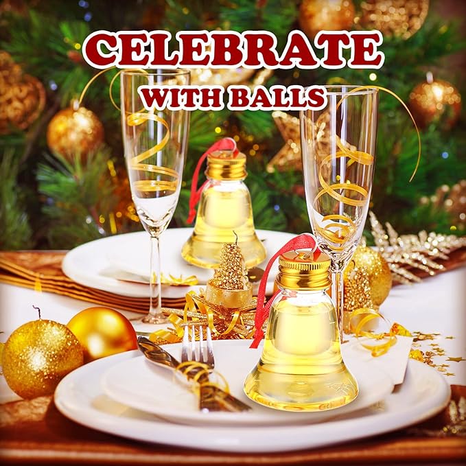 Patelai 18 Pcs Christmas Drink Balls Clear Shot Glass Ornaments Xmas Tree Fillable Ornaments Plastic Xmas Water Bottle Bulbs for Holiday Party Decorations(Bell,50 ml)