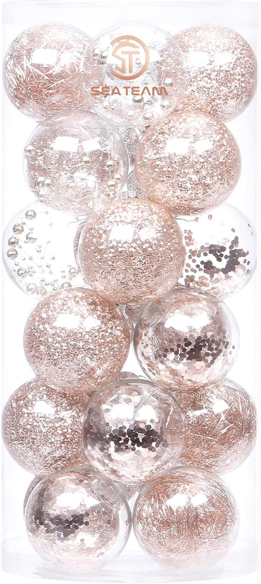 Sea Team Shatterproof Clear Plastic Christmas Ball Ornaments Decorative Xmas Balls Baubles Set with Stuffed Delicate Decorations (70mm/2.76 inch 24-Pack, Rose Gold)