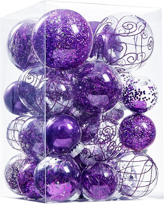 Wironlst Christmas Ball Ornaments Shatterproof Clear Large Plastic Hanging Ball Decorative Baubles Set with Stuffed Delicate Decorations (Multi-Size, Purple)