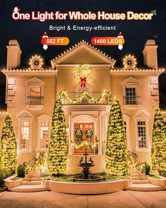 552FT 1400LED Christmas Lights, Extra Long Outdoor String Lights Waterproof, Timer & Memory, 8 Modes Dimmable Plug in Fairy for Outside Tree Wedding Patry Warm White