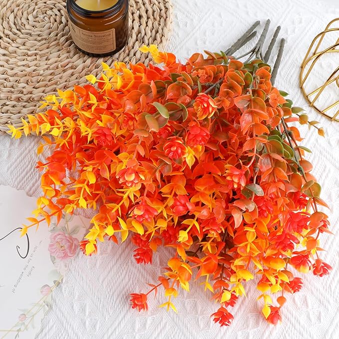 AGIRL 12 Bundles Artificial Fall Flowers Outdoor Indoor Decoration,No Fade Autumn Fake Plastic Plants with Eucalyptus Leaves,Faux Mums for Thanksgiving Garden Front Door Porch Patio Fall Decor