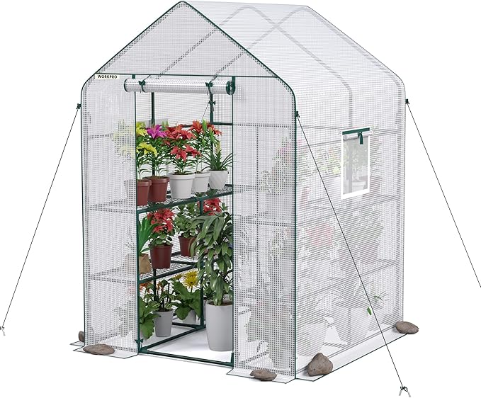 WORKPRO Greenhouse, 56” x 56” x 77” Heavy Duty Walk in Greenhouses for Outdoors with Screen Windows, Thicken PE Cover, 3 Tier 8 Shelves Portable Green House Kit for Patio, Backyard and Porch