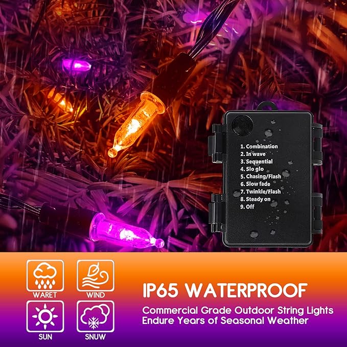 Orange Purple Battery Halloween Lights, 2 Pack 17ft Total 100 LED Mini String Light with 8 Modes Auto-Timer, Waterproof Tree Lights for Outdoor Indoor Xmas Holiday Wreath Garden Decor
