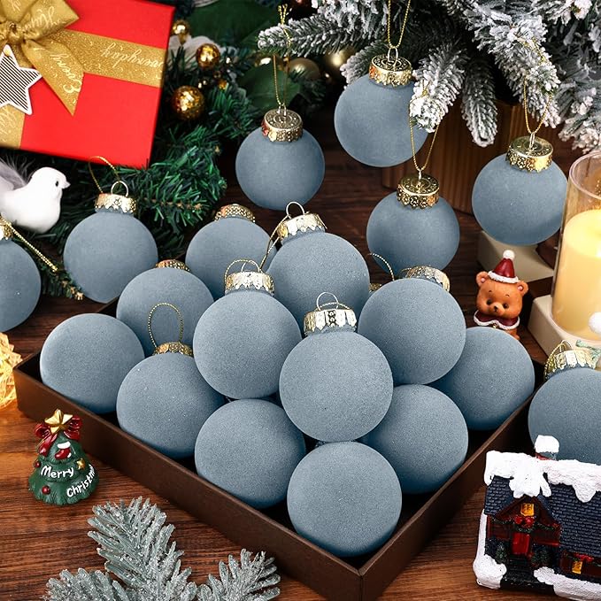 12 Pcs Velvet Christmas Balls Flocked Christmas Tree Hanging Ornaments Shatterproof Plastic Hanging Balls Decorations for Xmas Tree Party Home Holiday Decor (Dusty Blue, 3.15 inch)
