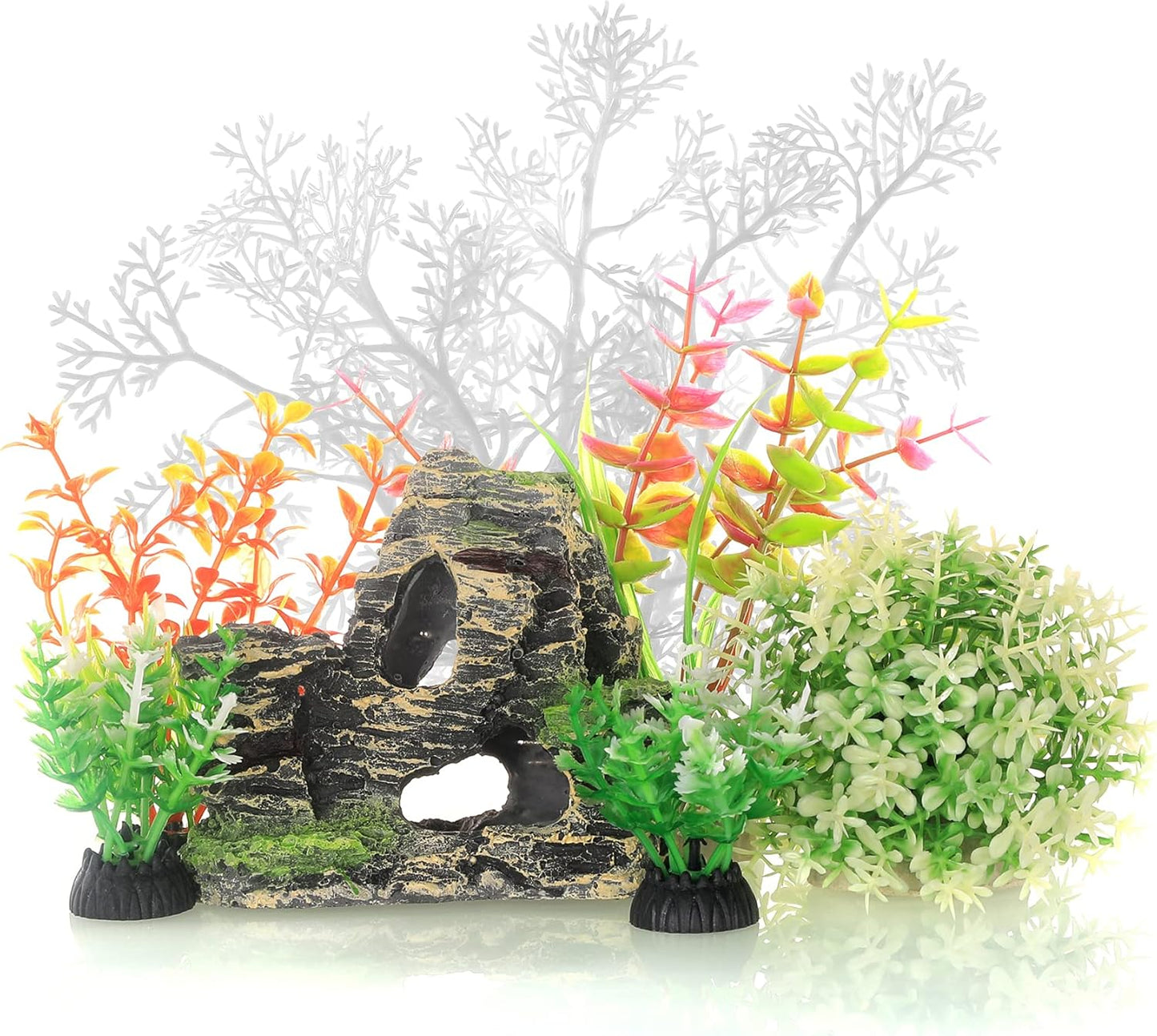 JIH Aquarium Fish Tank White Plastic Plants and Cave Rock Decorations Decor Set 7 Pieces, Small and Large Artificial Fish Tank Plants with Cave Rock (CU89White-7)