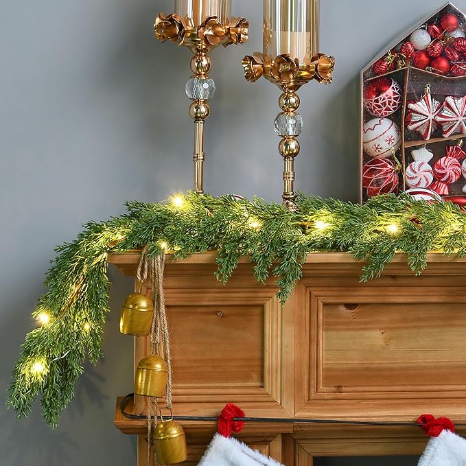 2PCS 6.2FT Christmas Garland with Lights, Real Touch Cedar Garland Thick and Lush Greenery with Soft Artificial Pine Branches for Mantle Fireplace Table Wall Outdoor Indoor Christmas Decorations