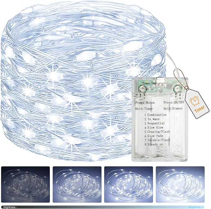 btfarm Fairy Lights Battery Operated with Timer 8 Modes, 16.4 FT 50 LED Silver Wire Twinkle String Lights Battery Powered Dimmable Waterproof for Indoor Home Party Wedding Christmas Decor, Cool White