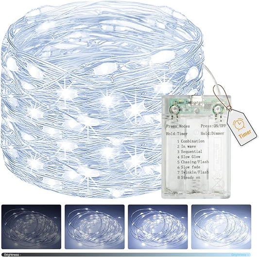 btfarm Fairy Lights Battery Operated with Timer 8 Modes, 16.4 FT 50 LED Silver Wire Twinkle String Lights Battery Powered Dimmable Waterproof for Indoor Home Party Wedding Christmas Decor, Cool White