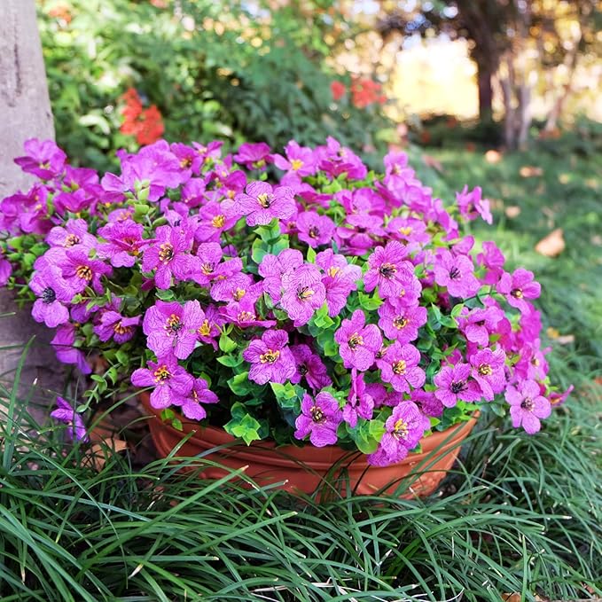 16 Bundles Artificial Flowers for Outdoors ,No Fade UV Resistant Realistic Purple Silk Daisy Fake Eucalyptus Summer Plants for Indoor Decoration Outside Planter Porch Home Garden Window Box Decor