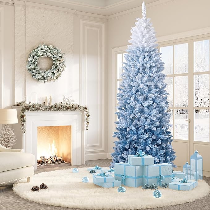 GAOMON 7.5Ft Pencil Christmas Tree Artificial Slim Xmas Trees Skinny Christmas Tree Decorations Fake Flockeds, White & Blue Gradient
