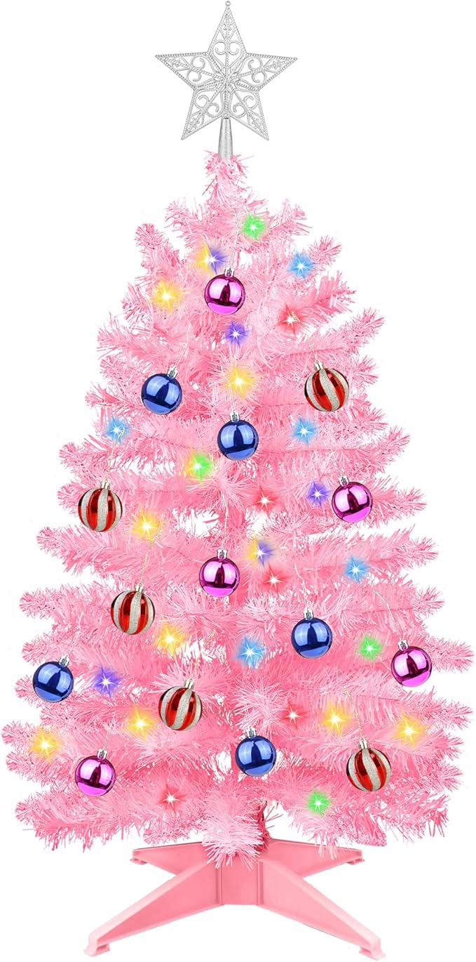 3FT Pink Christmas Tree Tinsel with 50 Warm White & Multi Color Fariy Light 3D Star 15 Ball Ornament, 12 Light Modes Timer Battery Operated Small Artificial Full Xmas Tree Table Indoor Holiday Decor