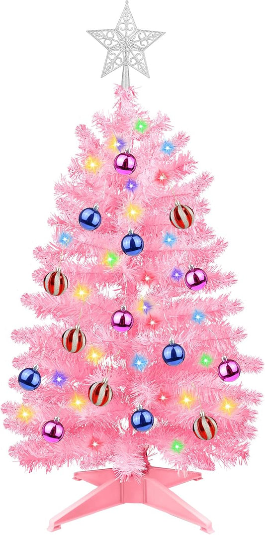 3FT Pink Christmas Tree Tinsel with 50 Warm White & Multi Color Fariy Light 3D Star 15 Ball Ornament, 12 Light Modes Timer Battery Operated Small Artificial Full Xmas Tree Table Indoor Holiday Decor