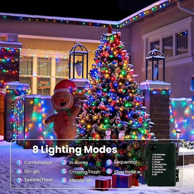 4 Pack 160FT 400 LED Battery Operated Christmas Lights Indoor/Outdoor with Timer & 8 Modes Green Wire Christmas Tree Lights Waterproof Fairy String Lights for Garden Christmas Decoration(Multicolor)